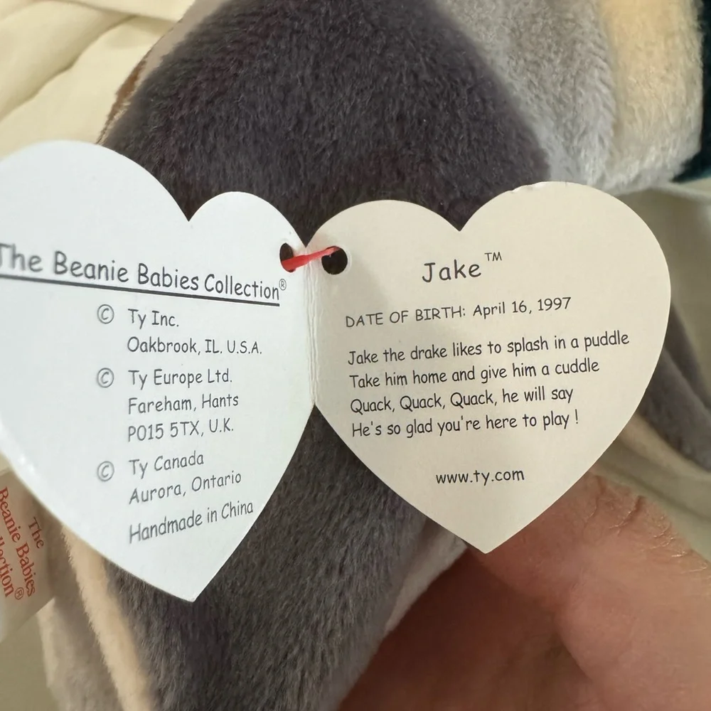 NWT Ty Beanie Baby Jake the Drake Plush Brown Gray White Vintage 1998